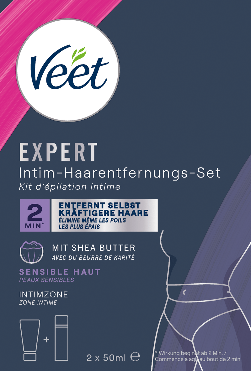 Veet Expert Kit d’épilation pour parties intimes, peaux sensibles, 2x50 ml