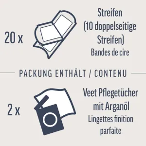 Veet Expert Bandes de cire froide, Corps et jambes, tous types de peaux, même sensibles 20 bandes de cire froide, 2 lingettes de soin 2