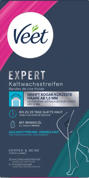 Veet Expert Bandes de cire froide, Corps et jambes, tous types de peaux, même sensibles 20 bandes de cire froide, 2 lingettes de soin