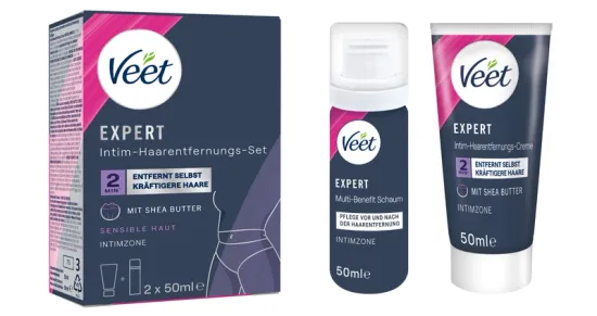 Veet EXPERT Intim-Haarentfernungs-Set, Intim-Haarentfernungscreme + Multi-Benefit Schaum, 100ml 0